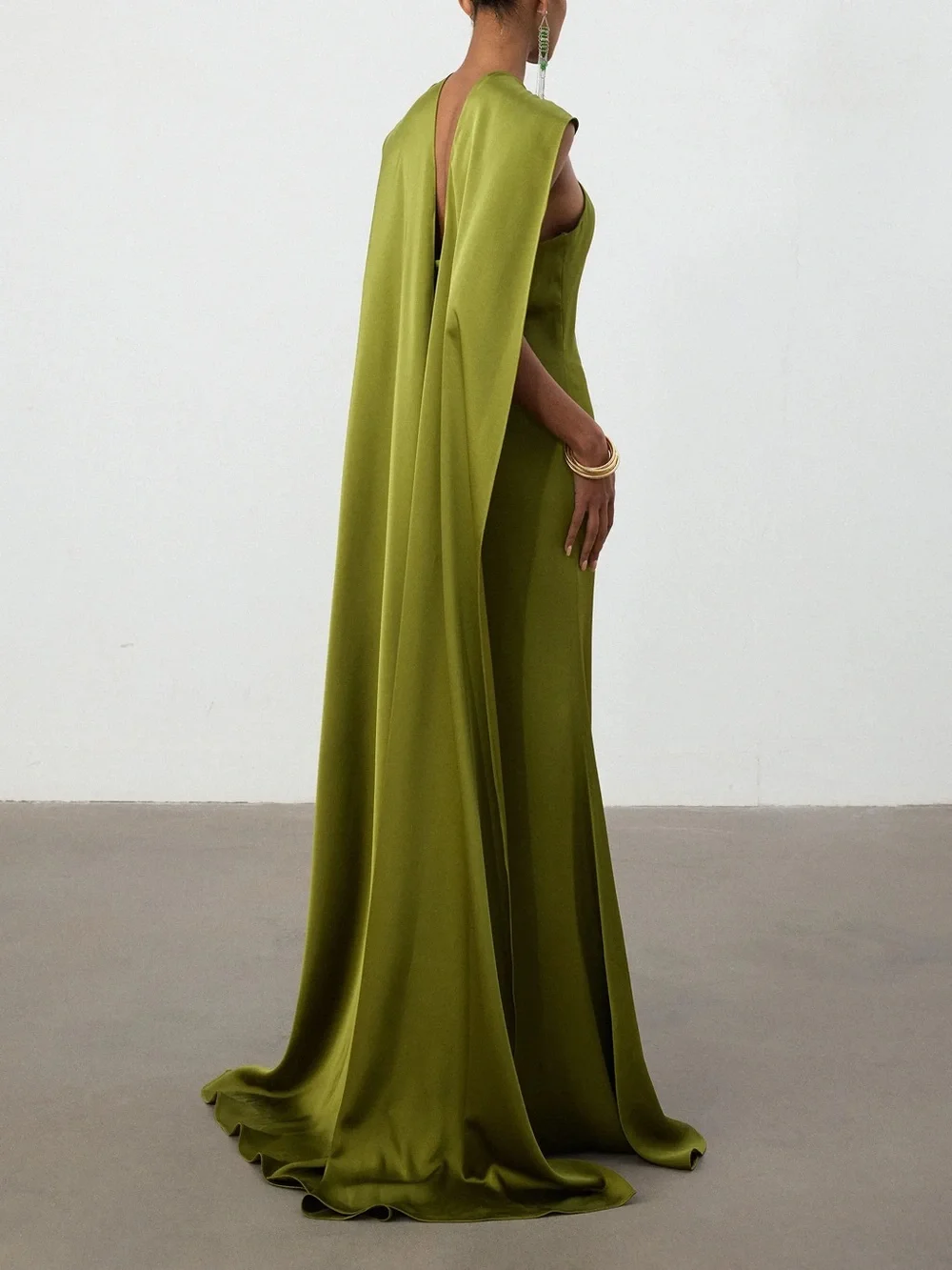 Skye and Iris Olive Green Satin Cape Column Gown - Picture 3 of 3